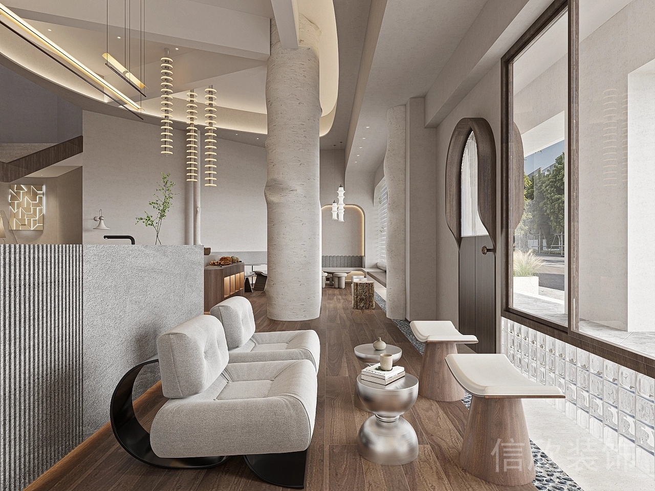 深圳光明面包咖啡店過(guò)道休息區(qū)餐桌椅裝修設(shè)計(jì)