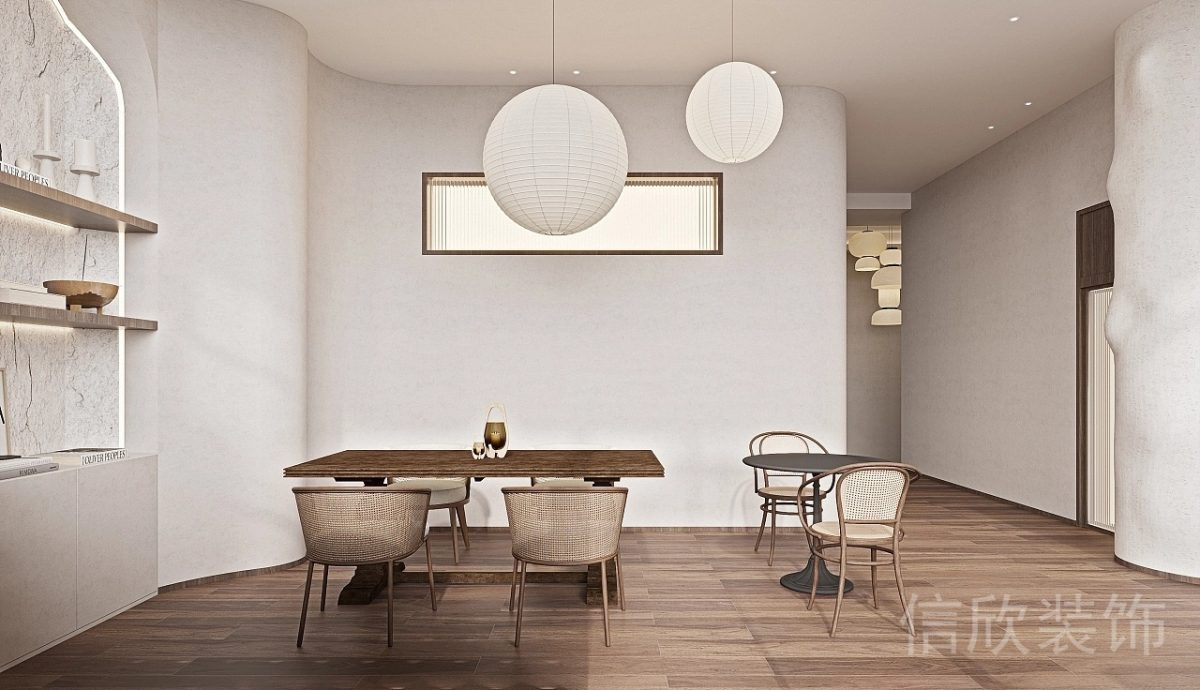 深圳光明面包咖啡店深色實(shí)木餐桌藤椅裝修設(shè)計(jì)