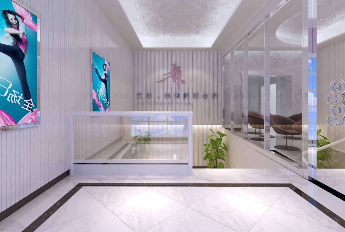 深圳市舞蹈會所羅湖區(qū)入門大廳設(shè)計落地玻璃旋轉(zhuǎn)坐凳休息區(qū)域