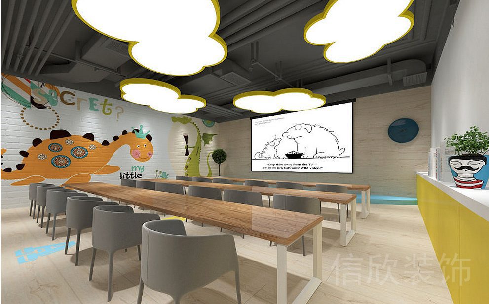 新龍大廈伯爾德國際英語教學(xué)沙龍中心培訓(xùn)機(jī)構(gòu)恐龍墻創(chuàng)意藝術(shù)多功能教室
