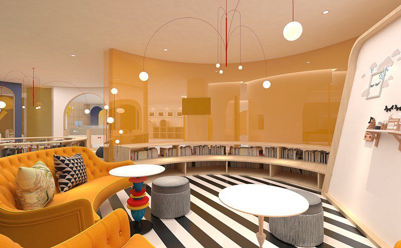 畢加索國(guó)際美術(shù)教育中心環(huán)形閱讀區(qū)黃色沙發(fā)