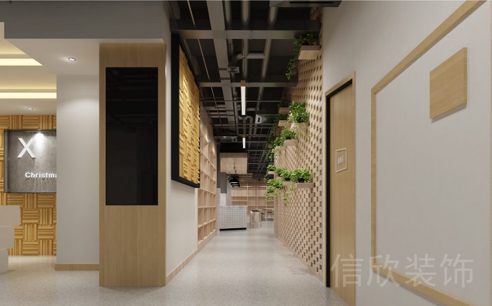 深圳市龍華區(qū)1970科技小鎮(zhèn)環(huán)保木材工作室過道光面地板diy洞洞板可移動(dòng)綠植過道