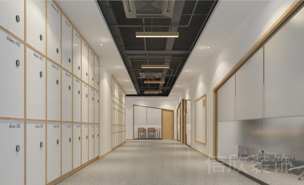 深圳市民治龍華區(qū)1970科技小鎮(zhèn)整體木材工作室個(gè)人儲(chǔ)物柜過道區(qū)域辦公室區(qū)域磨砂防窺玻璃落地鏡