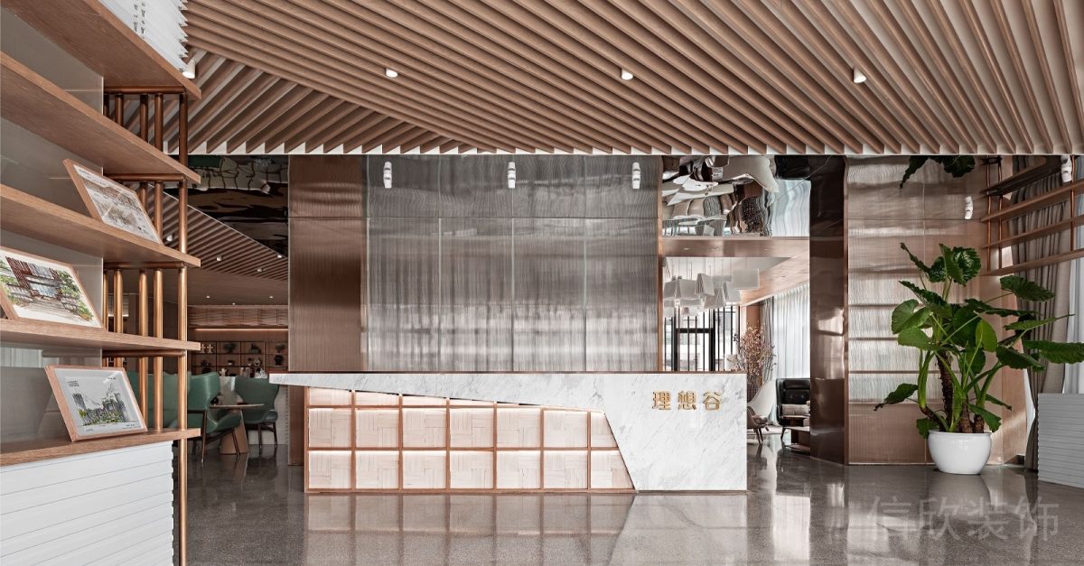 原木風(fēng)辦公室前臺區(qū)幾何線條設(shè)計圖