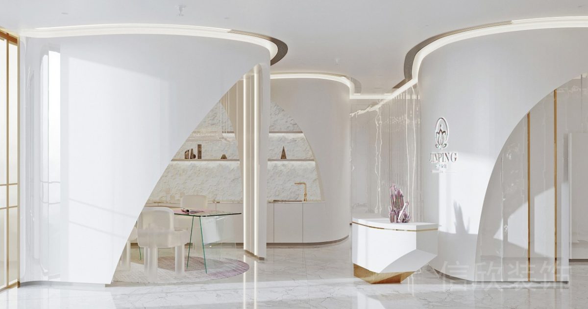 弧形簡約風(fēng)普拉提大理石大廳前臺區(qū)設(shè)計