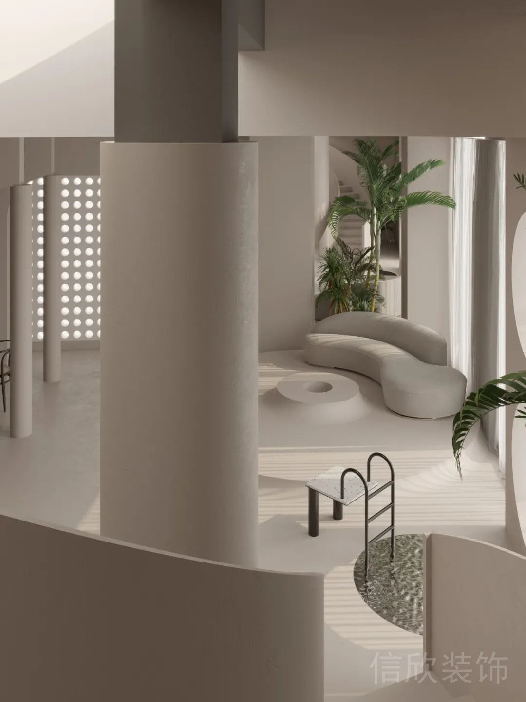 弧形無邊沙發(fā)休息區(qū)大廳簡約風瑜伽機構裝修