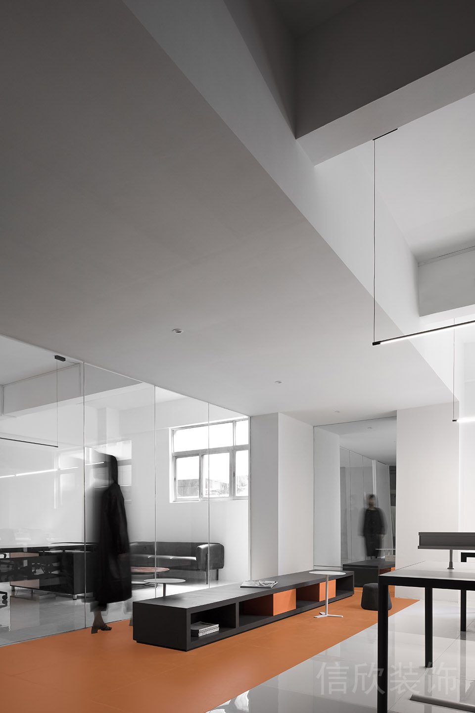 簡約風黑色條形置物柜座椅休息區(qū)設計圖