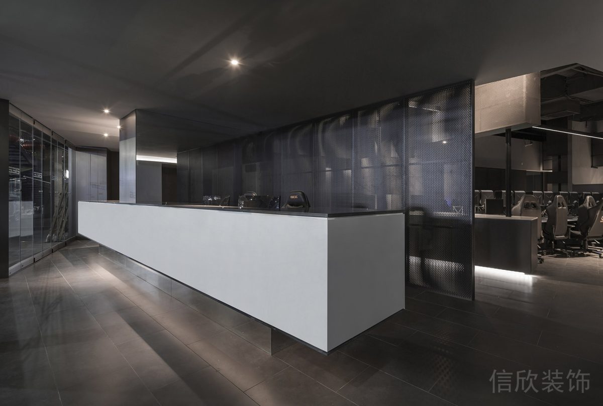 現(xiàn)代簡約鏤空式打孔板天花板背板前臺裝修設(shè)計