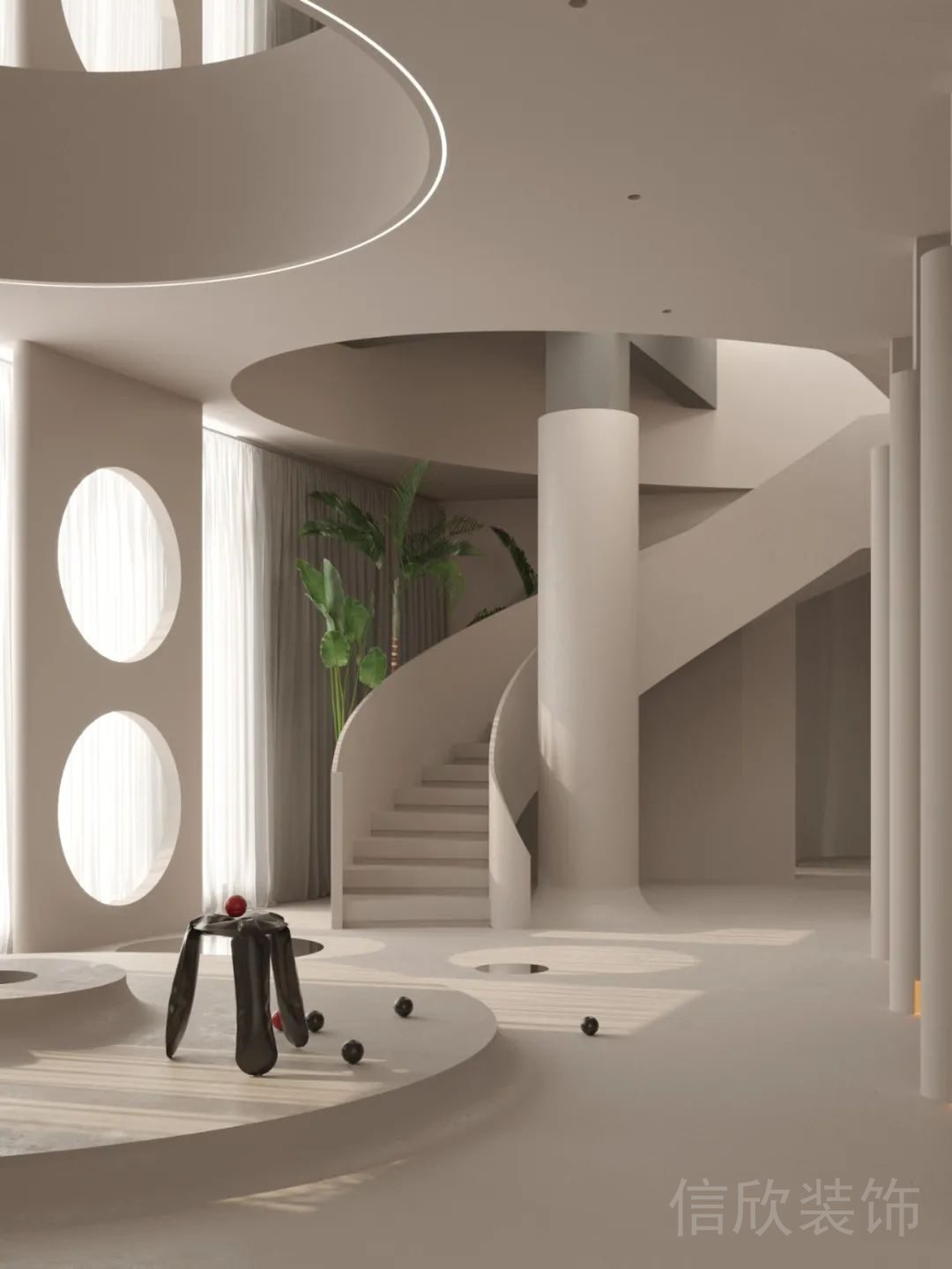 瑜伽機構大廳休息區(qū)地臺弧形設計純白效果