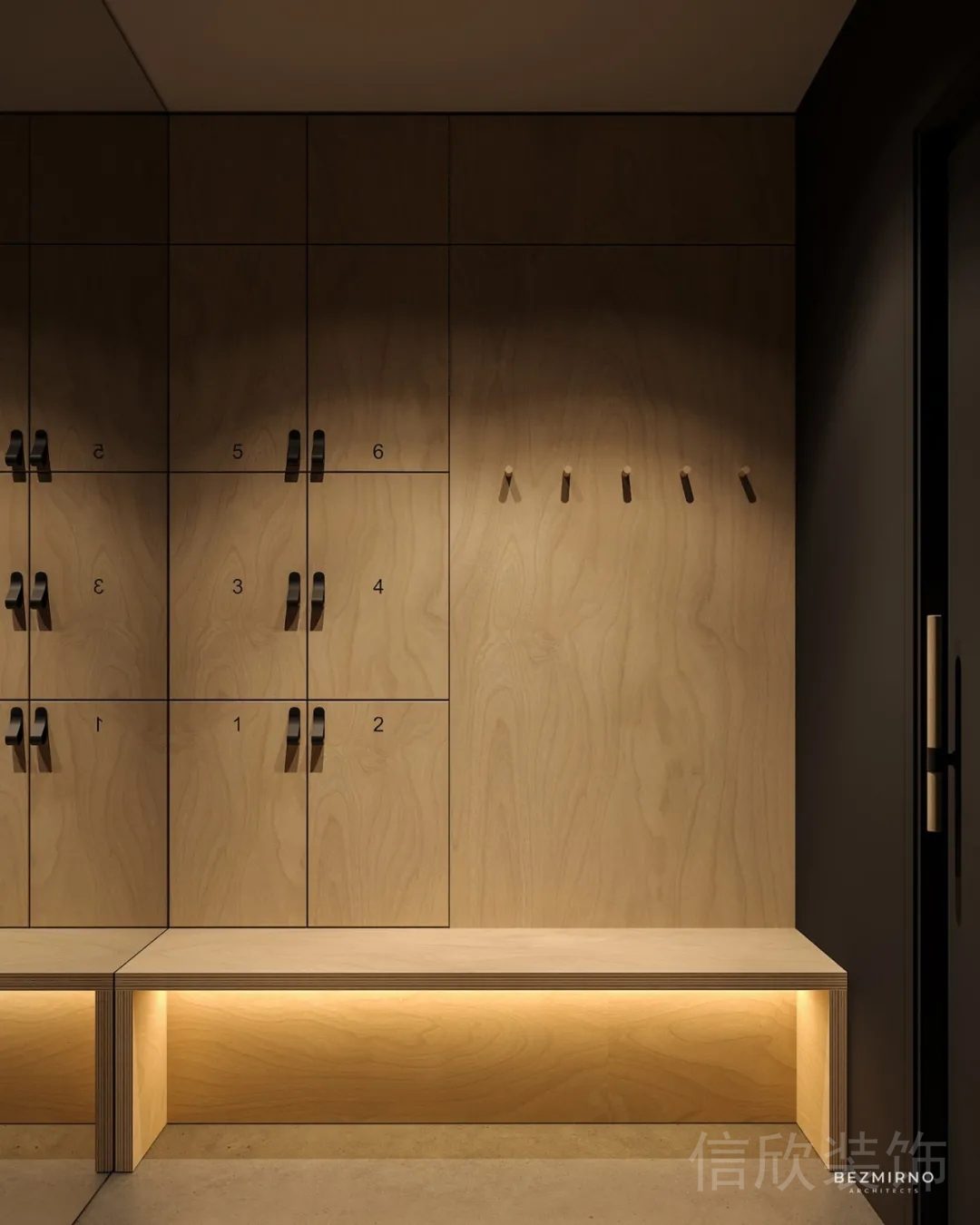 原木風瑜伽機構裝修設計更衣室儲物柜休息區