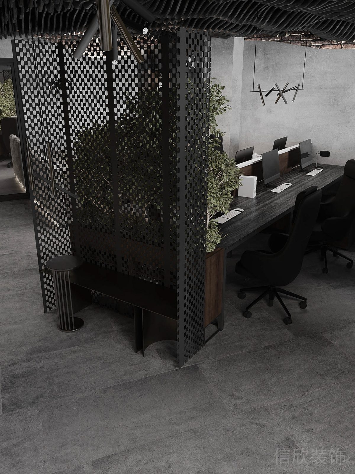 半包裹式鏤空式黑色不銹鋼墻面設計搭配原木條形座椅鋁合金小圓桌辦公室辦公區(qū)裝修