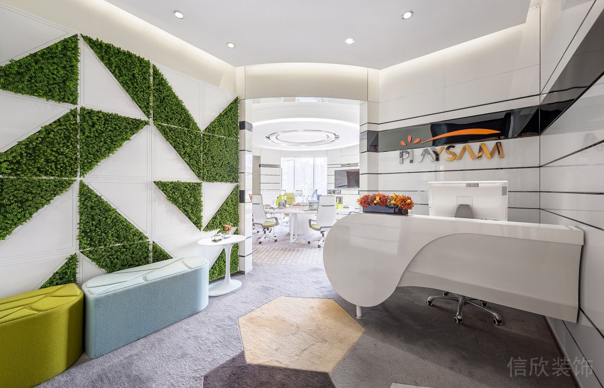 草坪墻體設計幾何線條裝修前臺區(qū)簡約風設計