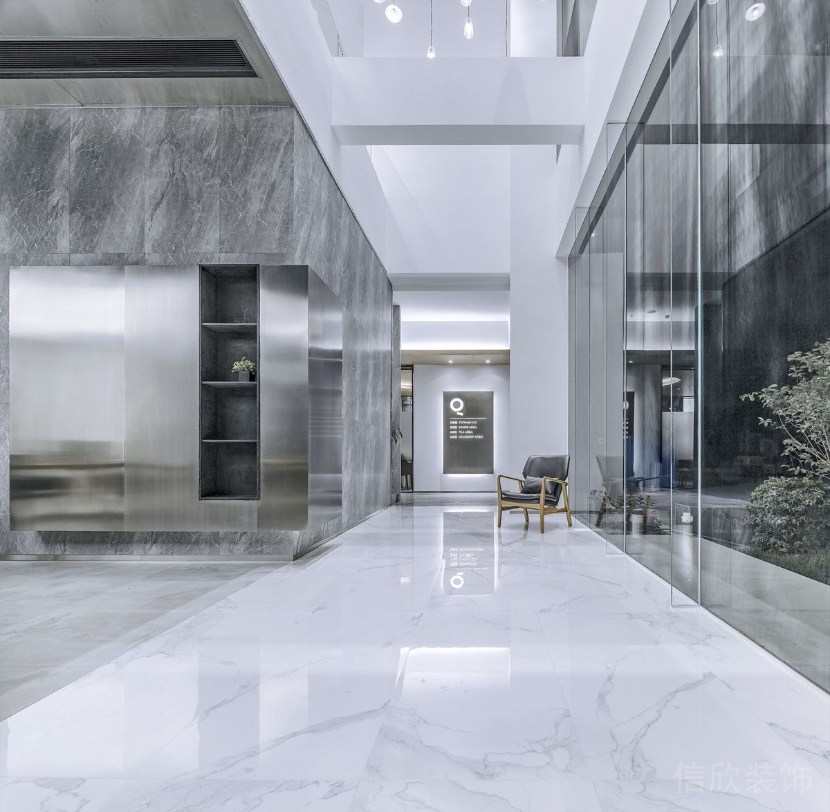 大理石白色過(guò)道玻璃隔斷效果圖金屬收納墻柜辦公室設(shè)計(jì)