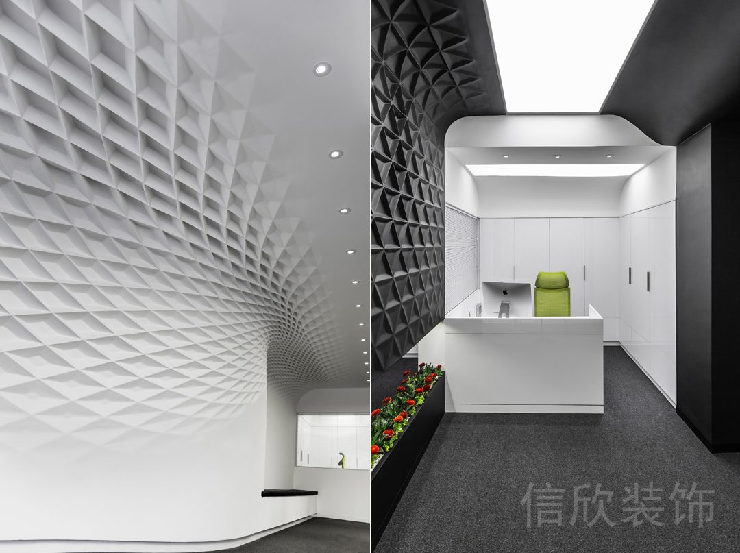 黑白色調(diào)菱形幾何形狀墻體設計前臺區(qū)裝修辦公室