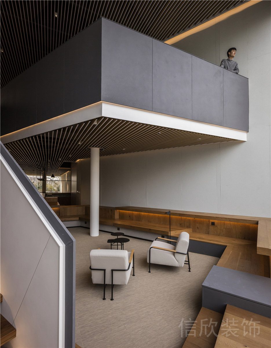 灰白撞色大理石扶梯設(shè)計(jì)白色紡織懶人沙發(fā)辦公室吧臺裝修效果圖