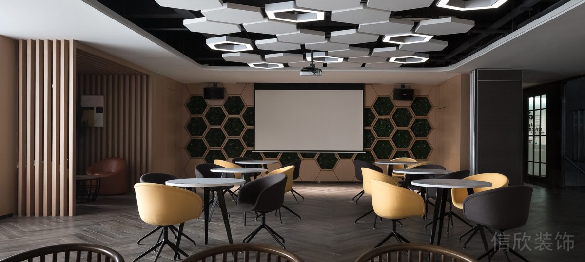 黃黑色調(diào)反絨皮座椅設(shè)計鏤空式蜂窩式置物柜辦公室裝修設(shè)計圖