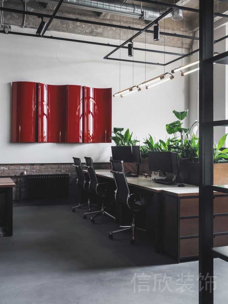 弧線(xiàn)皮革紅色墻體裝飾裝修設(shè)計(jì)辦公室工作桌效果圖