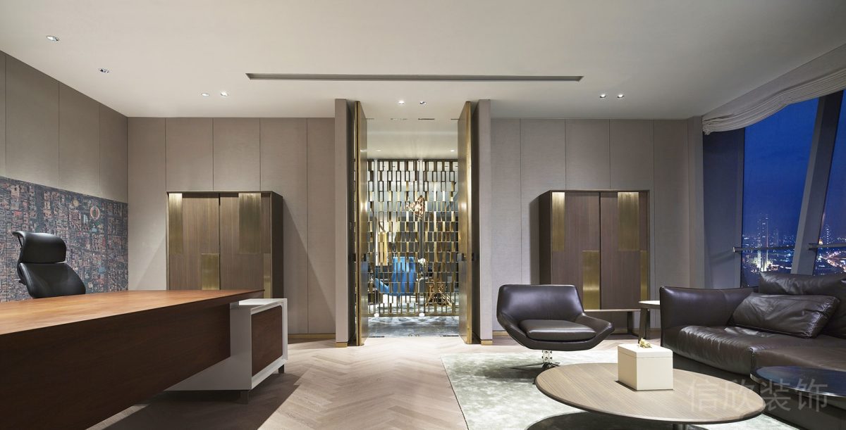 皮革沙發(fā)裝修設計商務風領導辦公室效果圖木飾面真皮效果