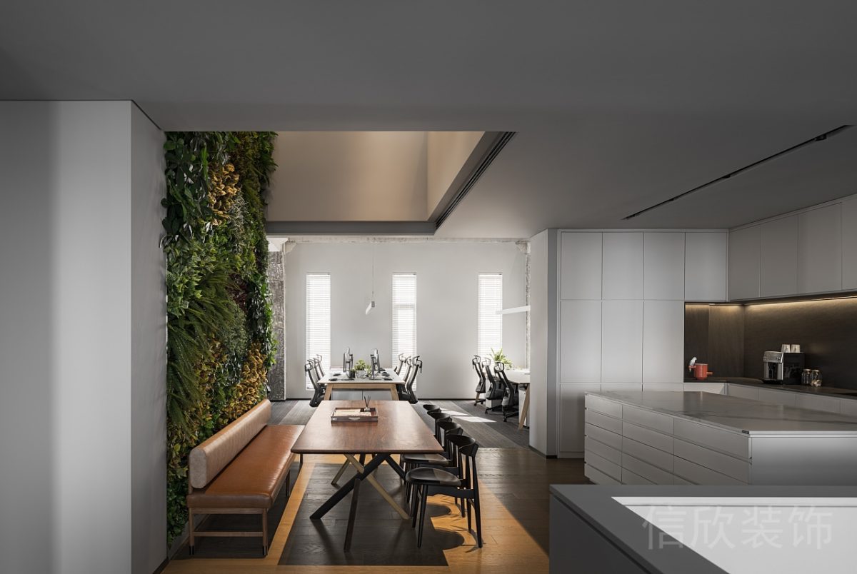 皮革原木沙發(fā)設(shè)計原木風桌板綠植墻面辦公室就餐區(qū)設(shè)計圖