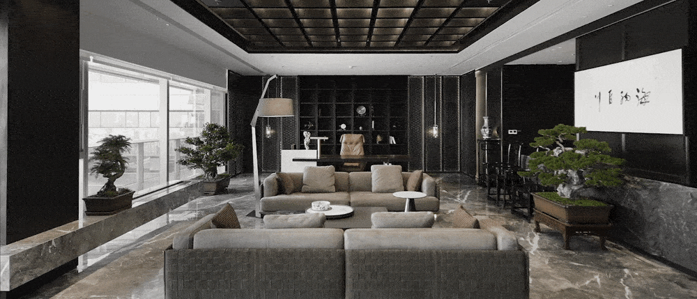 皮質(zhì)沙發(fā)裝修木質(zhì)工作桌總裁辦公室動圖