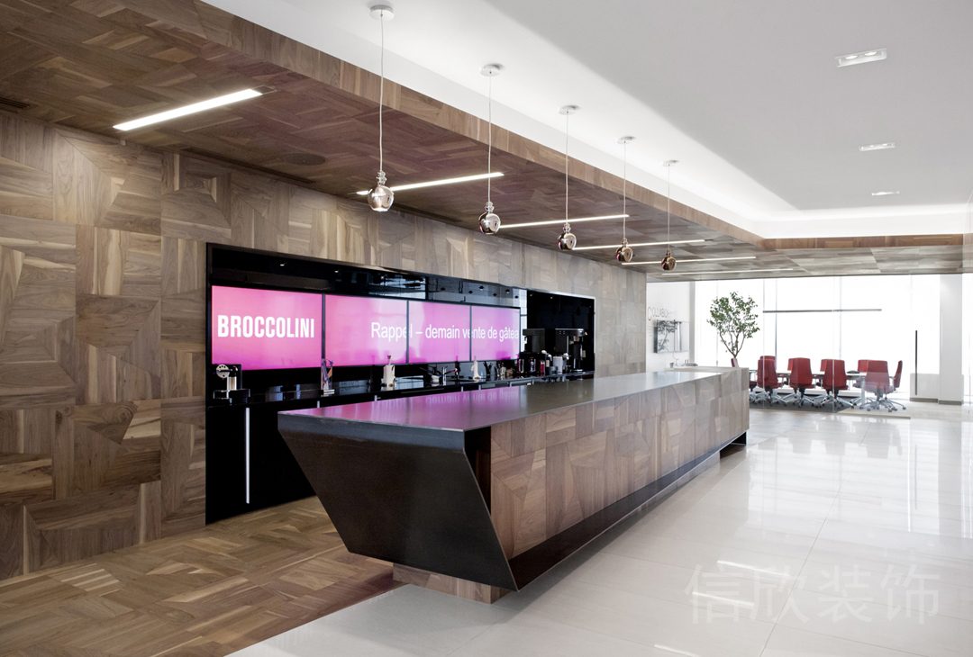 前臺區(qū)原木風設計顯示屏背景板效果弧線接待臺瓷磚地板