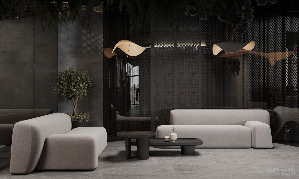 懸吊式花瓣式暖色調吊燈鏤空式不銹鋼墻板裝修辦公室休息區(qū)設計