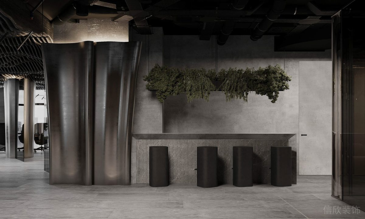 懸吊式綠植置物盒設計圓柱形原木風座椅鋁合金固定式桌子辦公室休息區(qū)設計