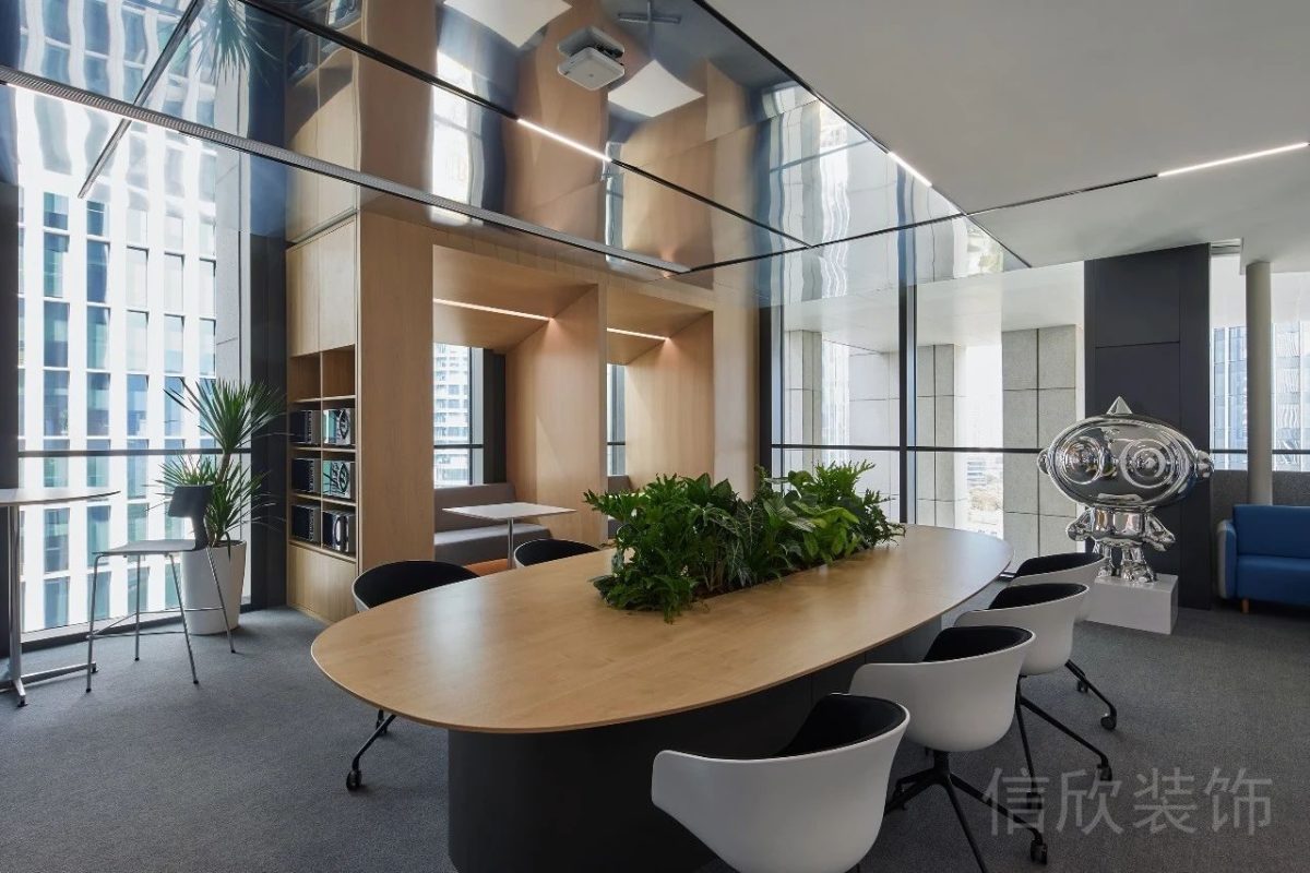 圓角木質(zhì)工作桌裝修設(shè)計收納定制墻柜效果辦公室設(shè)計