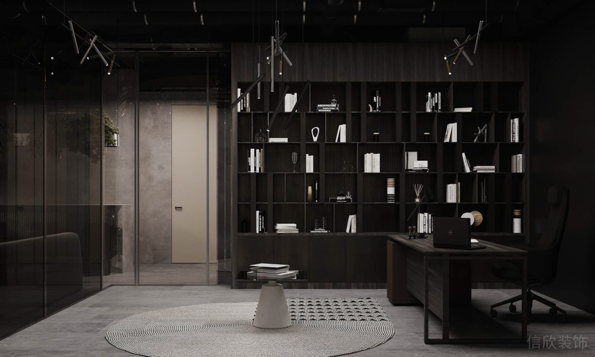 原木內(nèi)嵌式褐色置物柜裝修懸吊式射燈原木桌板辦公室裝修設(shè)計(jì)