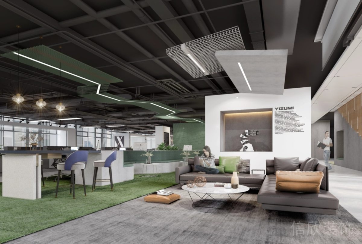 辦公室榻榻米灰色工業(yè)風沙發(fā)設計效果地毯裝修