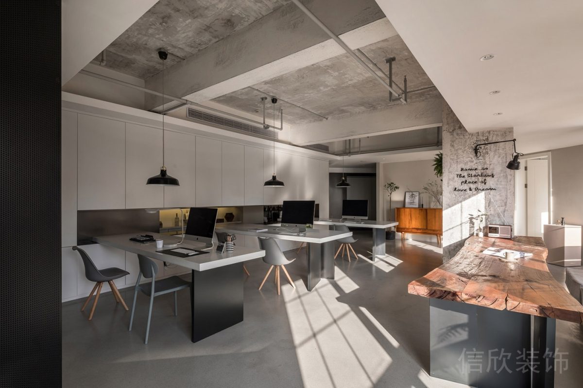 辦公室裝修設計復古工業(yè)風裝修工位裝修效果直線式長桌