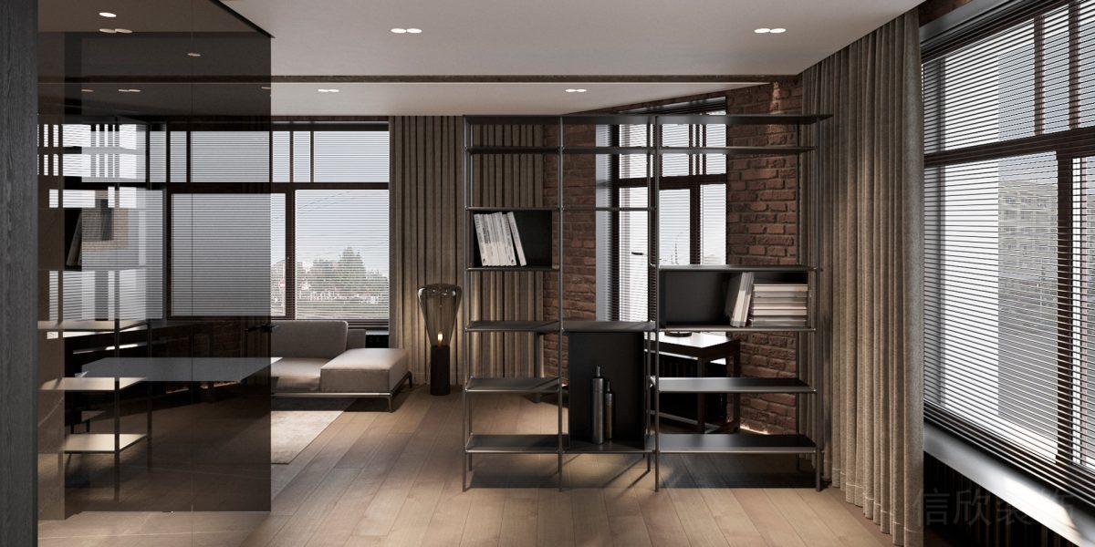 辦公室裝修設(shè)計(jì)金屬收納簡(jiǎn)約墻體隔斷效果木飾面復(fù)古紅墻