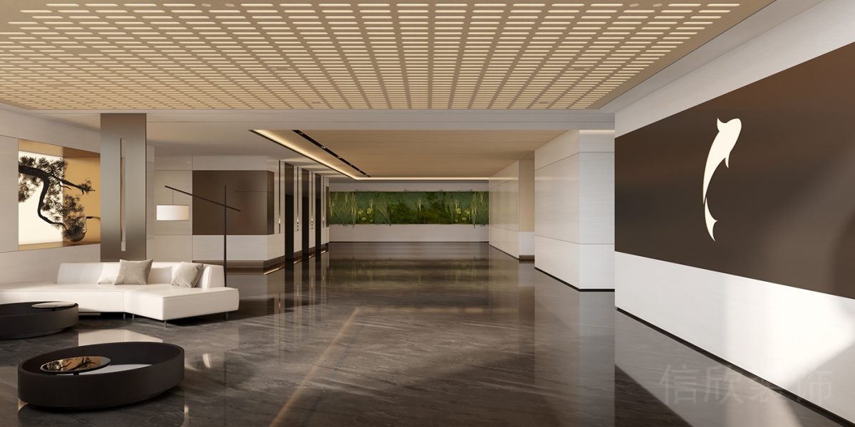 白色弧線沙發(fā)座椅裝修休息區(qū)金屬燈飾海豚圖案設(shè)計辦公室輕奢風(fēng)效果圖