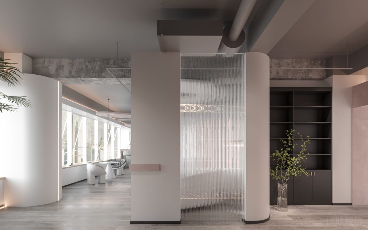 白色弧形支撐柱設計內(nèi)嵌式燈帶裝修辦公室走廊效果圖