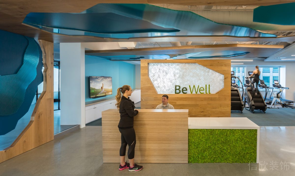 大理石瓷磚裝修原木風矩形前臺設(shè)計辦公室員工休息區(qū)裝修效果圖