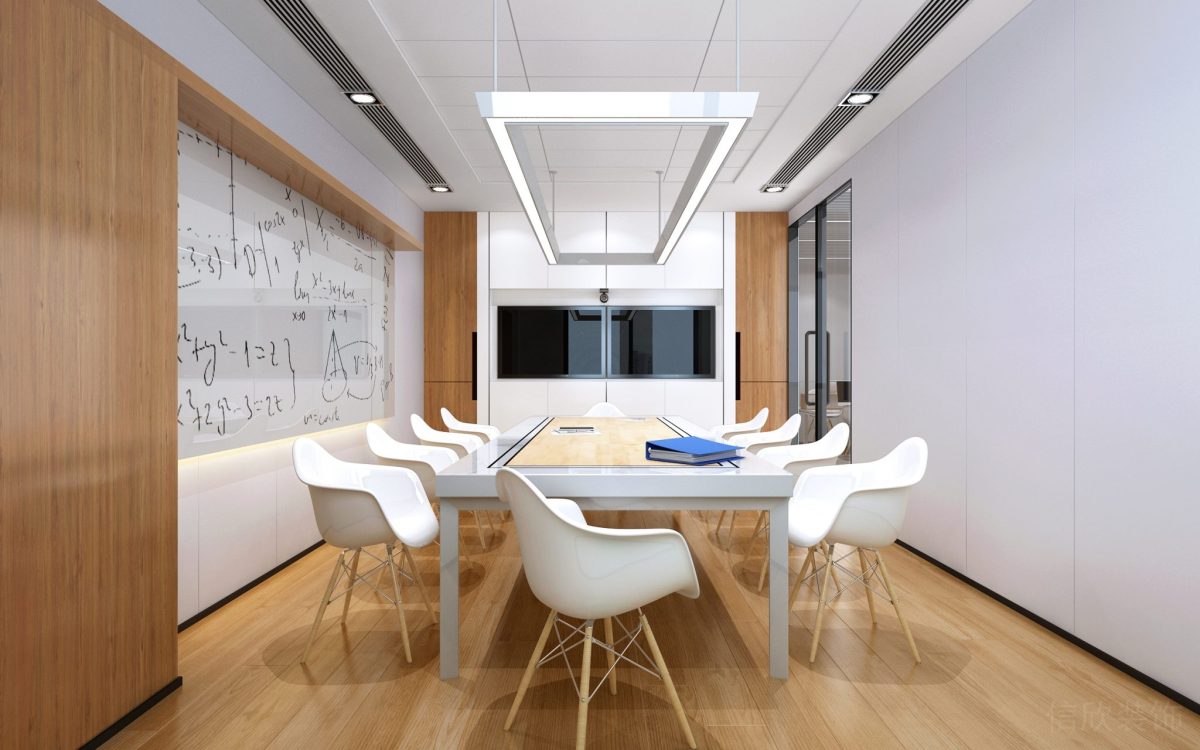 琺瑯白色墻體設(shè)計(jì)會(huì)議室裝修白色簡(jiǎn)約風(fēng)效果環(huán)形燈飾效果圖