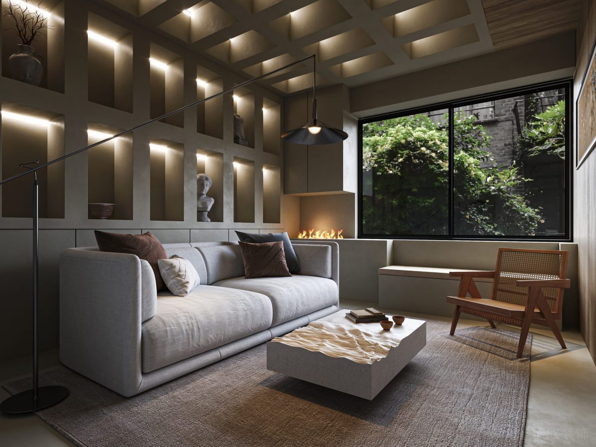 方形鏤空式置物柜鋁合金復古吊燈設計辦公室休息區(qū)效果圖