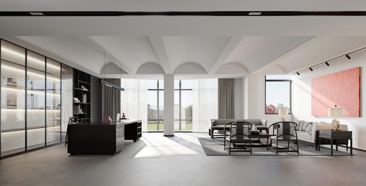 拱形天花簡約白色效果領導辦公室裝修木質(zhì)洽談室墻柜設計