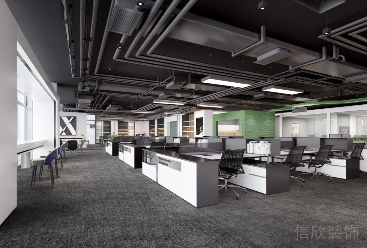 黑白灰工業風管道裝修辦公室工位效果圖地毯裝飾