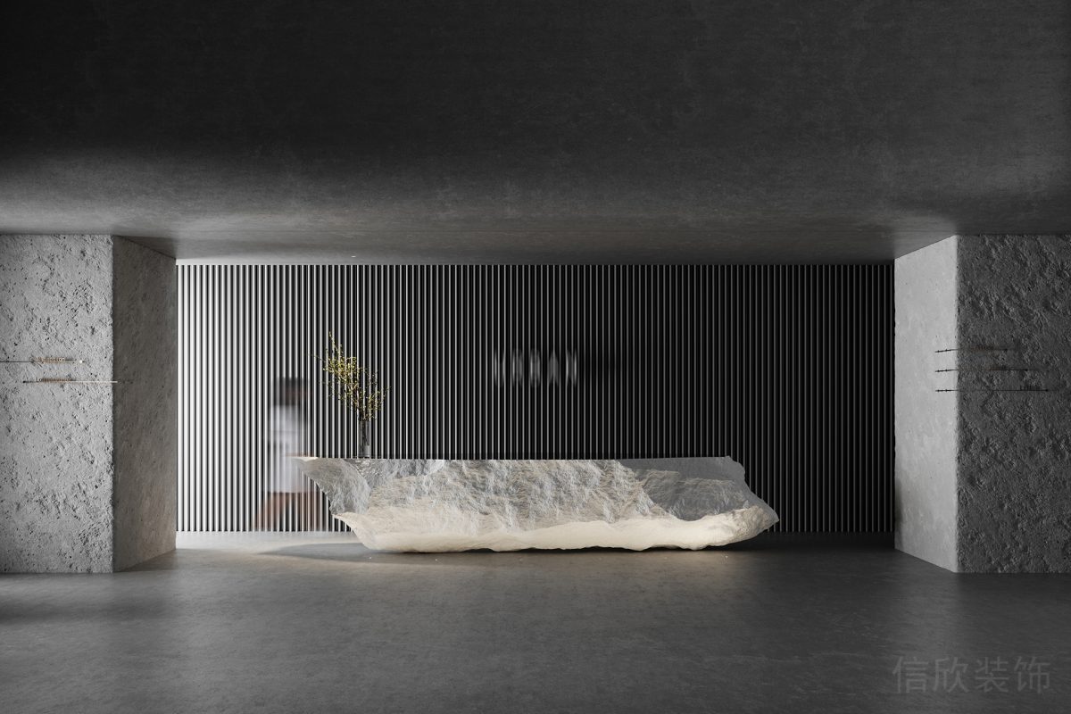 黑白色調酒店大堂設計大廳裝修辦公室設計石板材鏤空墻體背景板效果