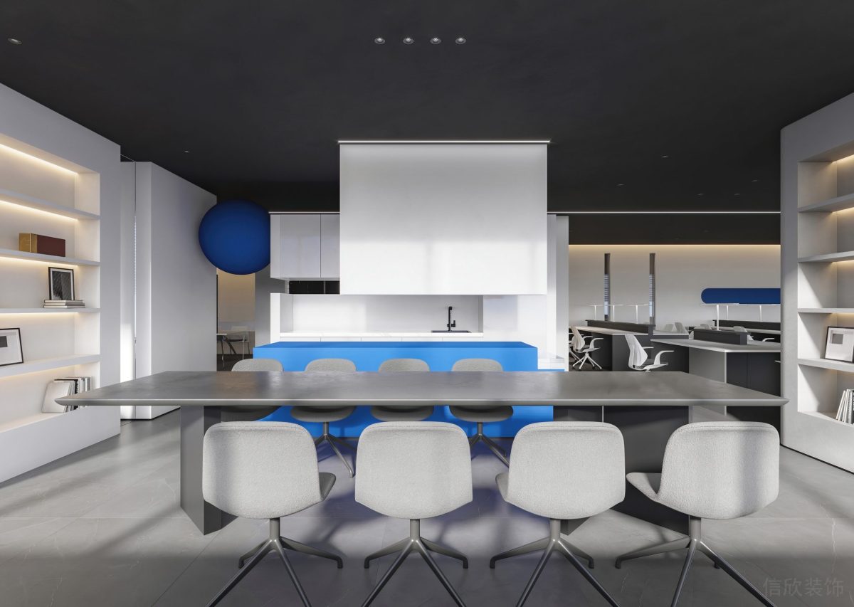 灰色鋁合金桌子設(shè)計(jì)黑色天花板墻漆裝修辦公室會(huì)議室效果圖