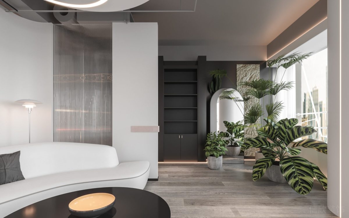 黑色原木內(nèi)嵌式置物柜裝修弧形玻璃半透明屏風(fēng)設(shè)計辦公室裝修設(shè)計