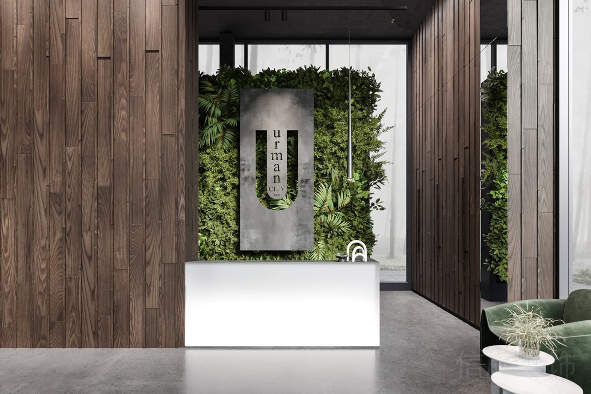 胡桃木深色木質(zhì)休息區(qū)前臺(tái)區(qū)綠化裝修金屬鏤空效果簡約風(fēng)設(shè)計(jì)