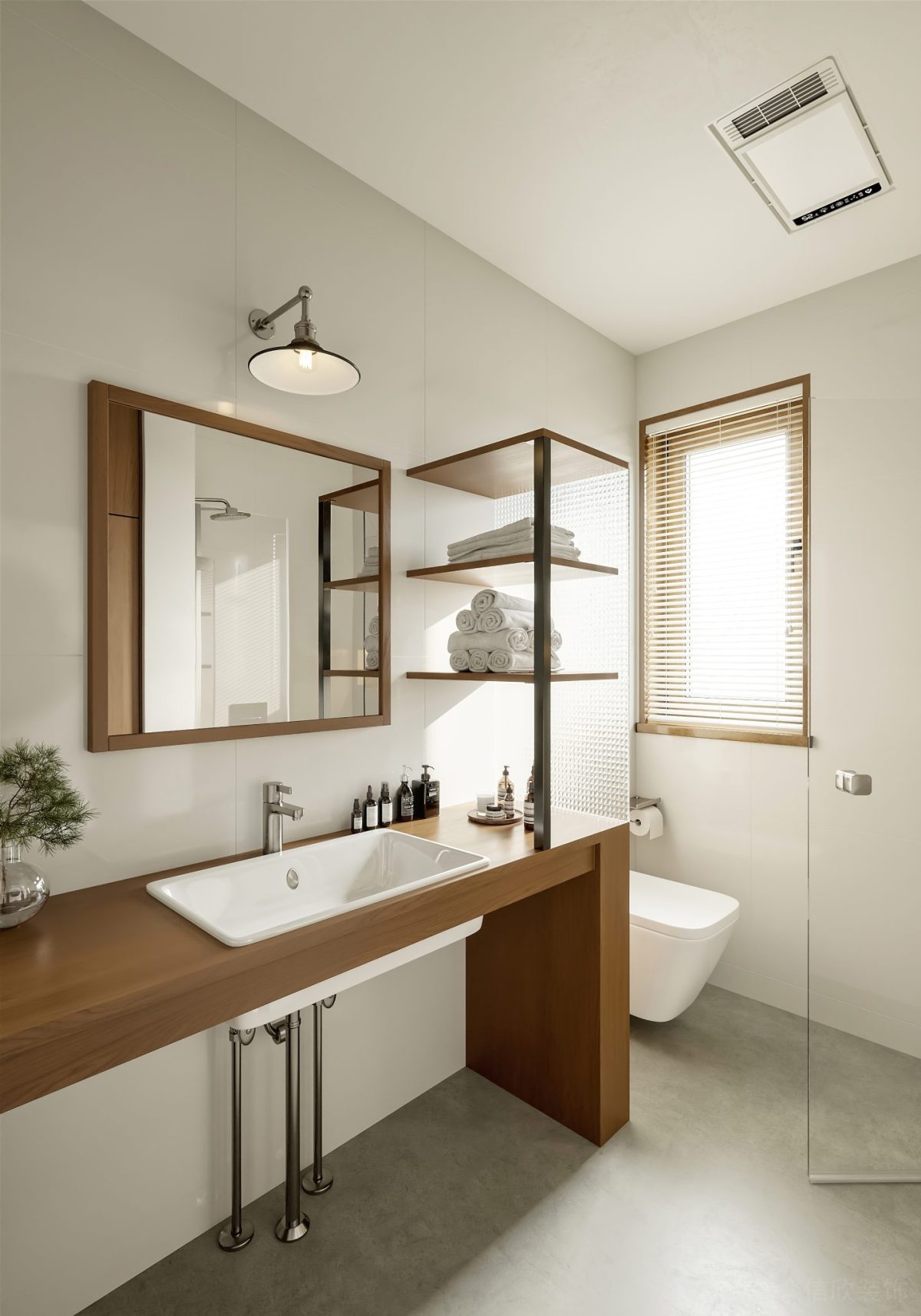 環(huán)形木質洗手臺效果鏡面折疊玻璃隔斷浴室設計