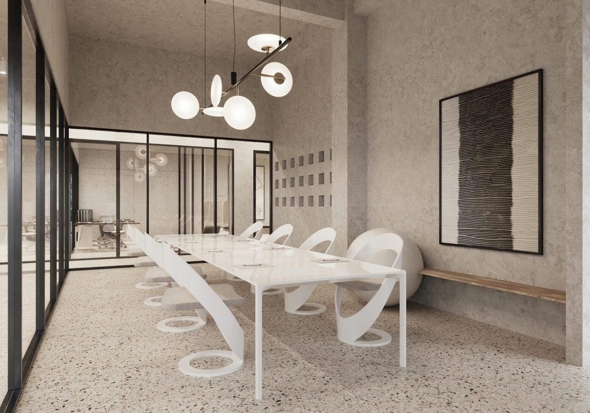 幾何創(chuàng)意造型會(huì)議室設(shè)計(jì)木飾面直線座椅墻體裝修灰色調(diào)墻體辦公室