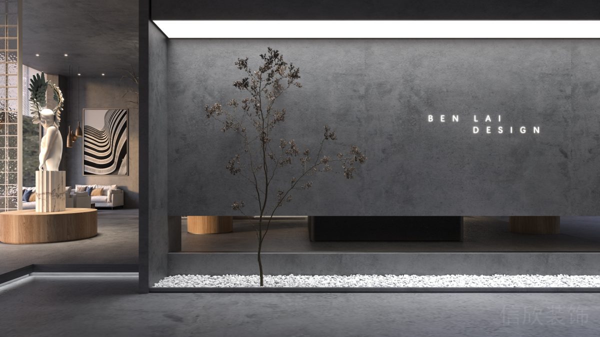 極簡風辦公室過道裝修效果工業風墻體灰色設計地臺效果