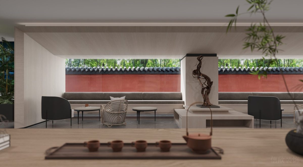 開放式環(huán)形鏤空設計木飾面效果茶水間裝飾洽談室新中式裝修圖辦公室