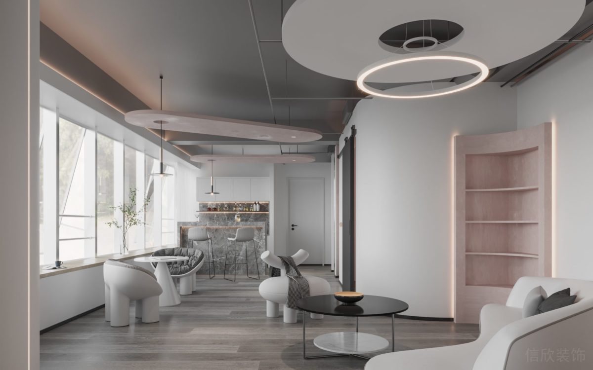 可移動式黑色門板設(shè)計粉色弧形內(nèi)嵌式置物柜裝修辦公室效果圖