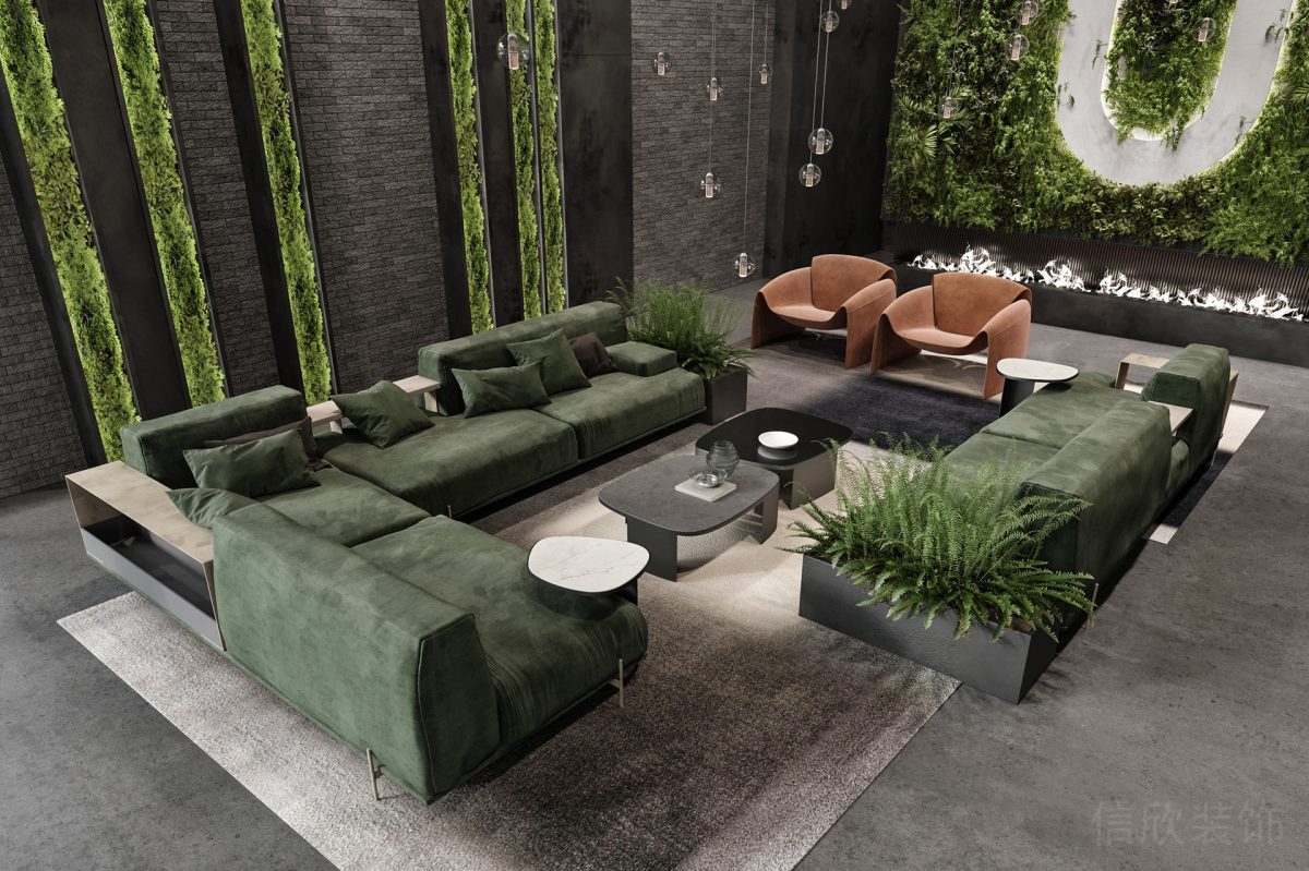 綠色l形沙發(fā)裝修地毯設(shè)計(jì)黑色墻體裝修天花水晶吊頂效果圖