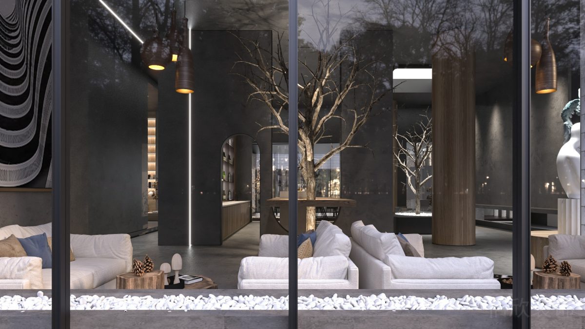 面對面洽談區(qū)辦公室裝修設計效果黑色金屬邊框辦公室設計